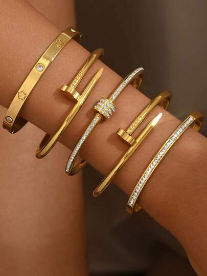 1 pieza Brazalete de acero inoxidable con baño de oro, circonita empotrada, brazalete de acero de titanio, joyería de oro, joyería de mujer, accesorios de mujer, joyería de acero inoxidable, brazaletes para mujer, joyería occidental, pulido espejo, recubrimiento al vacío