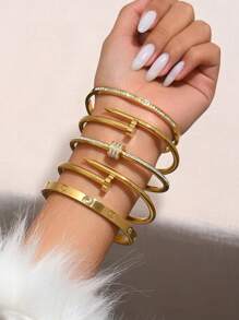 1 件金手镯不锈钢钉锆石手链，镶嵌锆石，钛钢手链，珠宝黄金珠宝珠宝女士手链配饰女士不锈钢珠宝女士手链西方珠宝镜面抛光，真空涂层