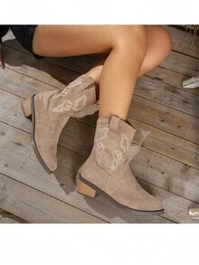 Giày bốt thời trang nữ màu xám, giày bốt cao gót mũi nhọn phong cách phương Tây cổ điển, phù hợp cho mùa thu đông - Xám - Xem 5