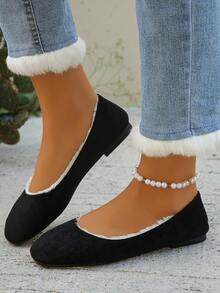 女士舒适保暖黑色平底芭蕾平底鞋，优雅天鹅绒芭蕾舞鞋，适合秋冬季日常穿着 - 黑色 - 查看 4