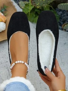 女士舒适保暖黑色平底芭蕾平底鞋，优雅天鹅绒芭蕾舞鞋，适合秋冬季日常穿着 - 黑色 - 查看 1