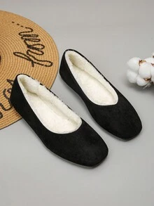 女士舒适保暖黑色平底芭蕾平底鞋，优雅天鹅绒芭蕾舞鞋，适合秋冬季日常穿着 - 黑色 - 查看 6