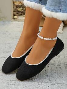 女士舒适保暖黑色平底芭蕾平底鞋，优雅天鹅绒芭蕾舞鞋，适合秋冬季日常穿着 - 黑色 - 查看 3