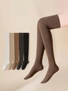 5 Pairs Women's Solid Color Comfortable Knee-High Socks, Versatile For All Seasons, Cozy - Multicolor - View 2