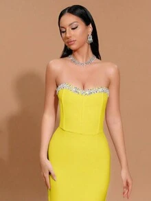 Modphy 水钻无肩带开衩高腰绷带长裙，伴娘礼服，适合婚礼、派对等场合。 - 黃色 - 查看 6