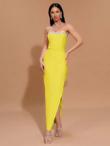 Modphy 水钻无肩带开衩高腰绷带长裙，伴娘礼服，适合婚礼、派对等场合。 - 黃色 - 查看 3