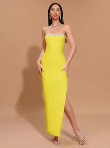 Modphy 水钻无肩带开衩高腰绷带长裙，伴娘礼服，适合婚礼、派对等场合。 - 黃色 - 查看 1