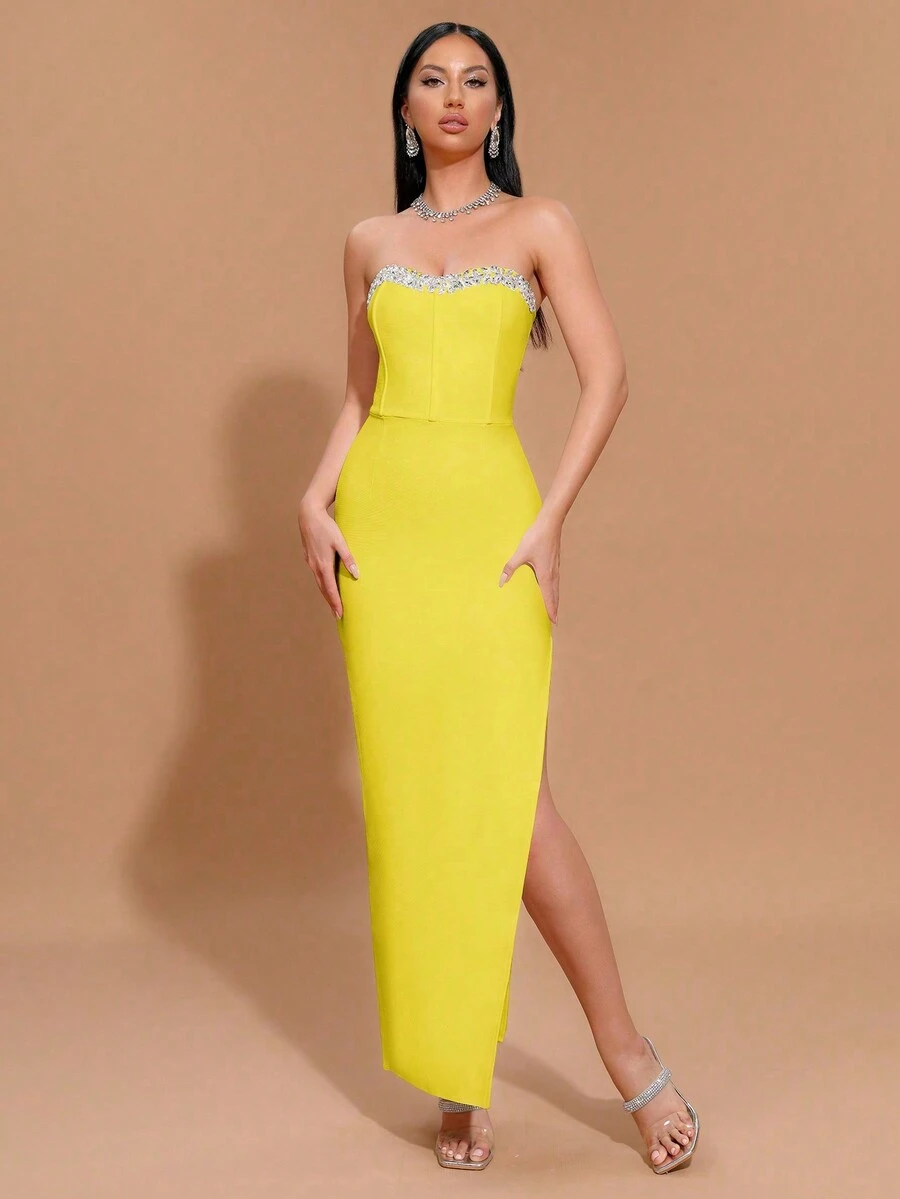 Modphy 水钻无肩带开衩高腰绷带长裙，伴娘礼服，适合婚礼、派对等场合。 - 黃色 - 查看 1