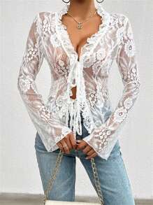 Women Lace Sheer Long Sleeve Tops Sexy Tie Front Ruffle Shirt 2025 Fashion Blouses - 白色 - 查看 2