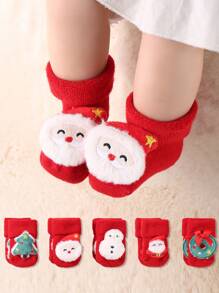 5 perechi de șosete groase combinate de Crăciun pentru nou-născuți, șosete calde și confortabile din lână pentru bebeluși, șosete cadou de Crăciun pentru băieți și fete, șosete de Crăciun pentru sugari - roșu - Vizualizare 2