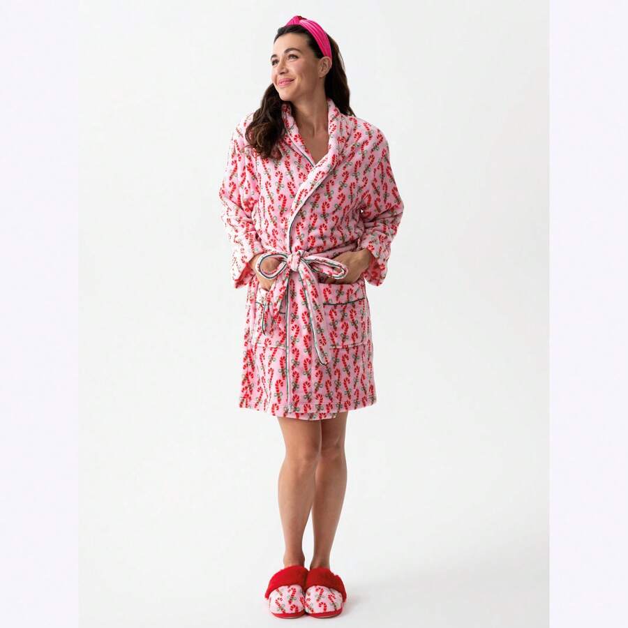 Womens Plush Robes Soft Bathrobe Knee Length Warm Soft Robe Christmas Striped Fleece Loungewear With Pockets - pink candy - View 1