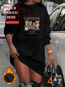 Große Größen Personalisierter lässiger langärmliger Rundhals-Hoodie für Damen, personalisierte Anpassung mit Ihren Lieblingsfotos (Selfies/Idole/Text/Paar/Haustiere/Anime), Damen Herbst Top, Schwarzes Top