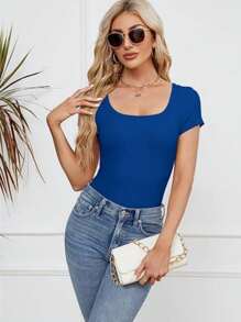 OUTBALL Women's Summer Scoop Neck Short Sleeve Ribbed Knit Slim Fitted Casual Basic TopT-Shirts - Royal Blue - View 5