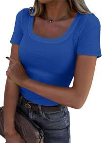 OUTBALL Women's Summer Scoop Neck Short Sleeve Ribbed Knit Slim Fitted Casual Basic TopT-Shirts - Royal Blue - View 1