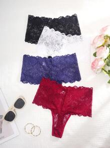 4 paquetes Bragas tipo tanga sexy de encaje de cintura alta para mujer