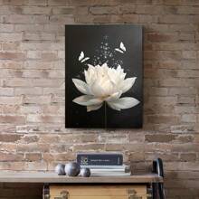 Wooden Framed Canvas Painting, White Floral Wall Art For Bathroom Flower And Butterfly On Black Canvas Wall Art Modern Framed Wall Art Yoga Spa Spiritual Wall Art Painting