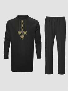 Plus Size Men's Black Dashiki Print Suit, Golden Embroidery, Elastic Waist Pants, African Fashion, 2pcs Casual Button-Down Shirt & Trousers Set, New Style For All Seasons, Suitable For Party, Date, Streetwear - Black - View 2