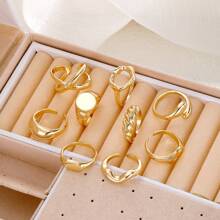 9pcs/Set Geometric Pattern Hollow Alloy Rings, Palm Spiral Decor, Minimalist Rings For Women, Suitable For Daily Or Festive Wear - Gold - View 3