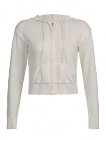 Womens Full Zip Knit Hoodies, Casual Solid Color Long Sleeve Drawstring Sweatshirts - Blanco - Ver 4