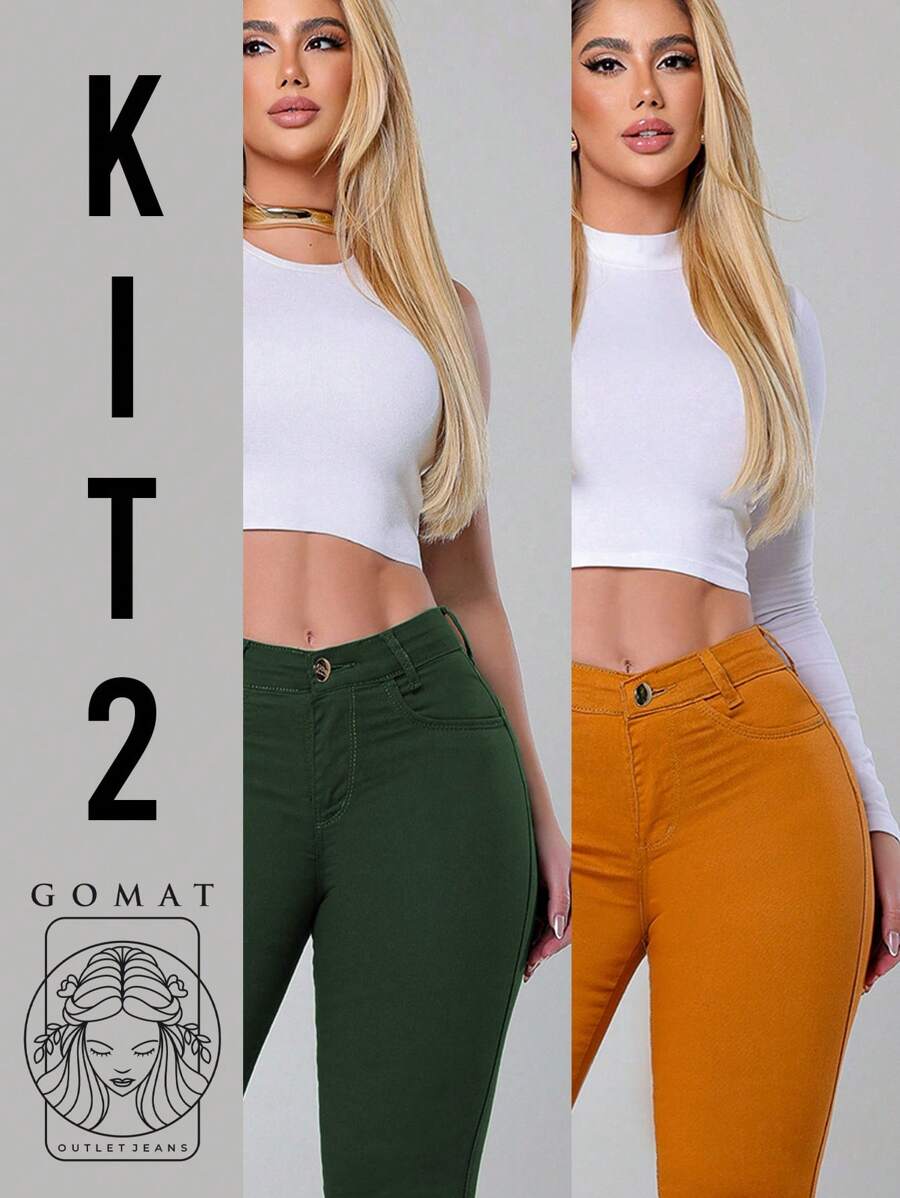 Kit 2 Women's Skinny Jeans, High Waist, Shapes Butt, Premium Line, Green And Caramel - 綠色 - 查看 1