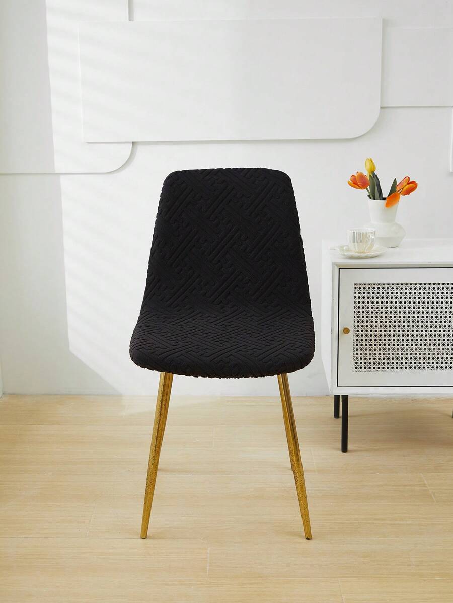 1pc Thick Velvet Jacquard Plain Color Short Back Arched Dining Chair Cover - Black - View 1
