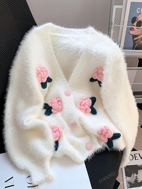 JIANHU Spring New Fuzzy Cardigan Women's Embroidered Vintage Buttoned V-Neck Knitted Sweater Stylish Outerwear