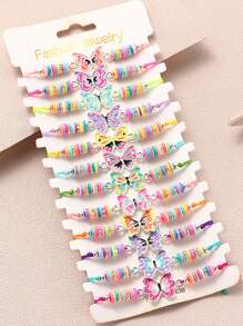 Set de 12 pulseras con colgantes ajustables hechas a mano de arcilla polimérica con diseños de unicornio, mariposa, flor, fruta, gato de dibujos animados y dinosaurio para niñas