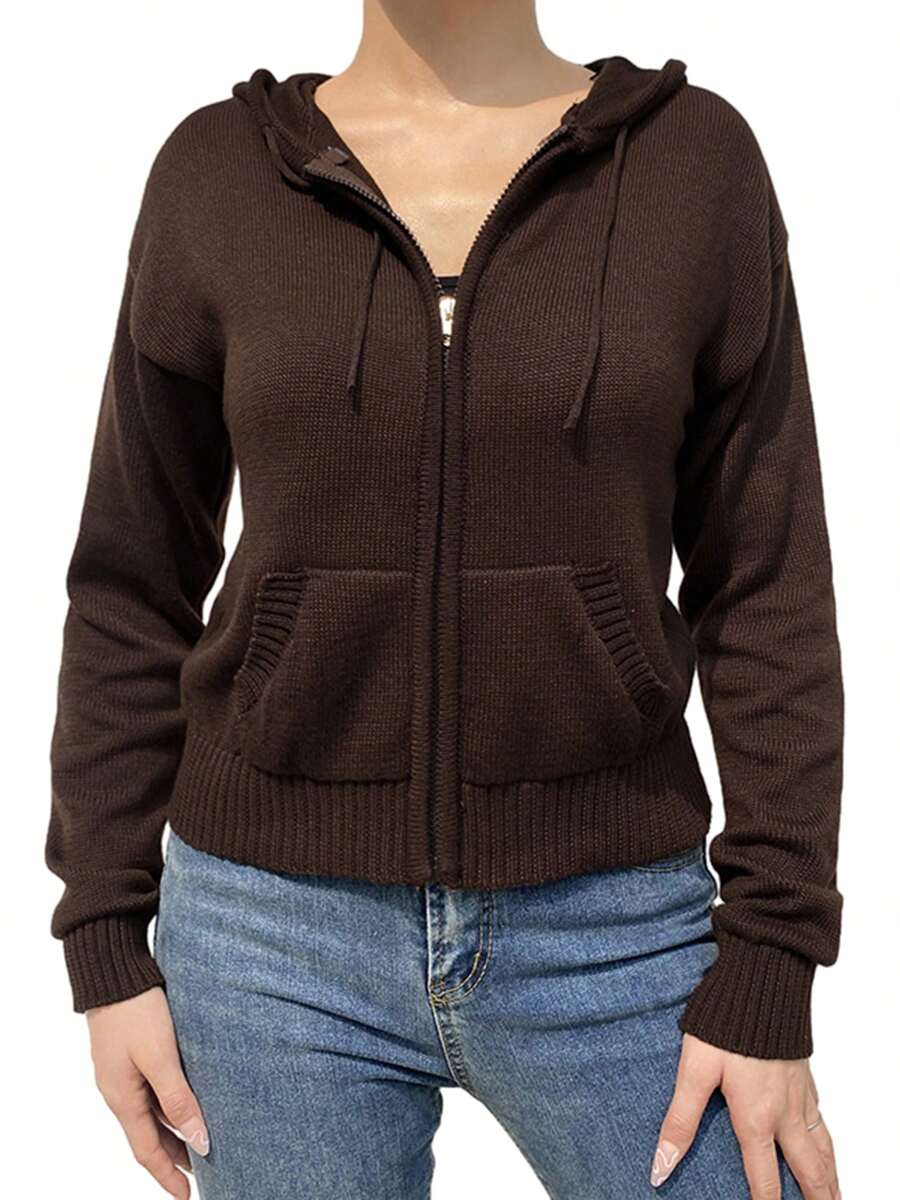Womens Full Zip Knit Hoodies, Casual Solid Color Long Sleeve Drawstring Sweatshirts - Marrón - Ver 1