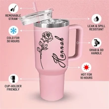 Customized Stainless Steel Insulated Tumbler With Handle And Straw, Personalized Engraved Travel Mug, Cute Sweet Pink Color Cup, Birthday Gift For Her, Best Friend Gift