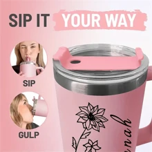 Customized Stainless Steel Insulated Tumbler With Handle And Straw, Personalized Engraved Travel Mug, Cute Sweet Pink Color Cup, Birthday Gift For Her, Best Friend Gift