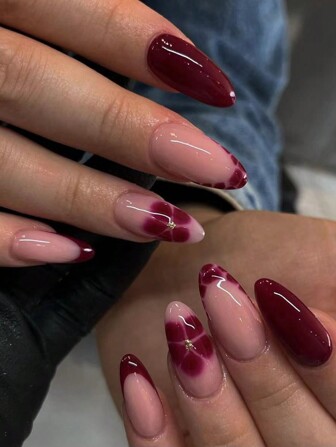 24Pcs Red Mid-Length Glossy Burgundy Flower Pattern Short False Nails With Golden Glitter Floral Elegant Burgundy French Manicure Nail Sticker Patch Press On Nails Nail Supplies Nails