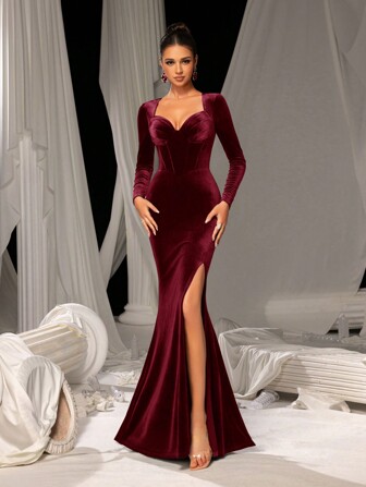 Faeriesty Sweetheart Neck Split Mermaid Hem Velvet Formal Dress