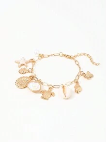 1 件海洋系列海星贝壳海龟吊坠手链女士 - 金色 - 查看 4