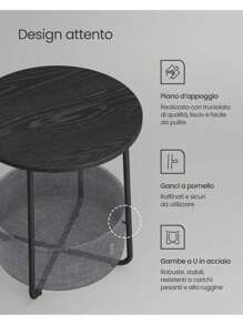 VASAGLE Tavolino, Tavolino Rotondo con Cestino in Tessuto, Spazioso, per Soggiorno Camera da Letto, Comodino, Stile Moderno, Nero Ebano e Grigio Ardesia - Grigio Scuro - Visualizzare 5