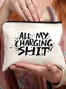 “All My Charging” 字母印花储物袋 - 可重复使用，化妆包，洗漱包，拉链旅行药包和化妆品拉链袋 - 送给女性、姐妹、女儿生日和圣诞节、万圣节的完美礼物，适合女性女孩妈妈姐妹朋友、邮轮爱好者 - 米色 - 查看 2
