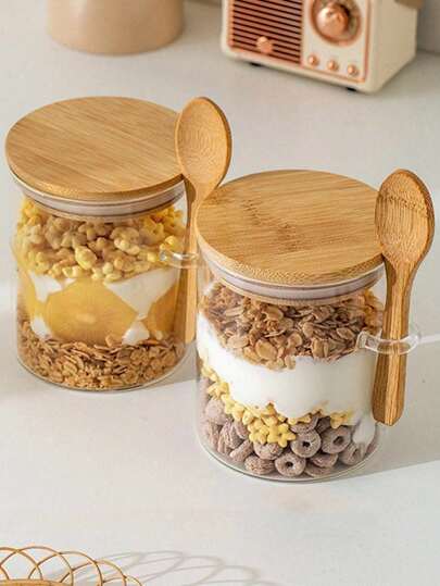1pc Glass Storage Jar With Wooden Lid And Spoon, Sealed Candy/Tee Container, Multipurpose Organizer