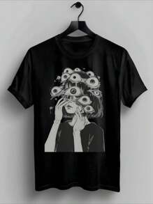 PAYEAH 1 Pcs 100% Cotton Eyeball Goth Girl T-Shirt - Weirdcore Cloth - Alternative Grunge Style - Edgy Women's Gothic Clothing 220g Heavy Cotton T Shirt - 黑色 - 查看 1