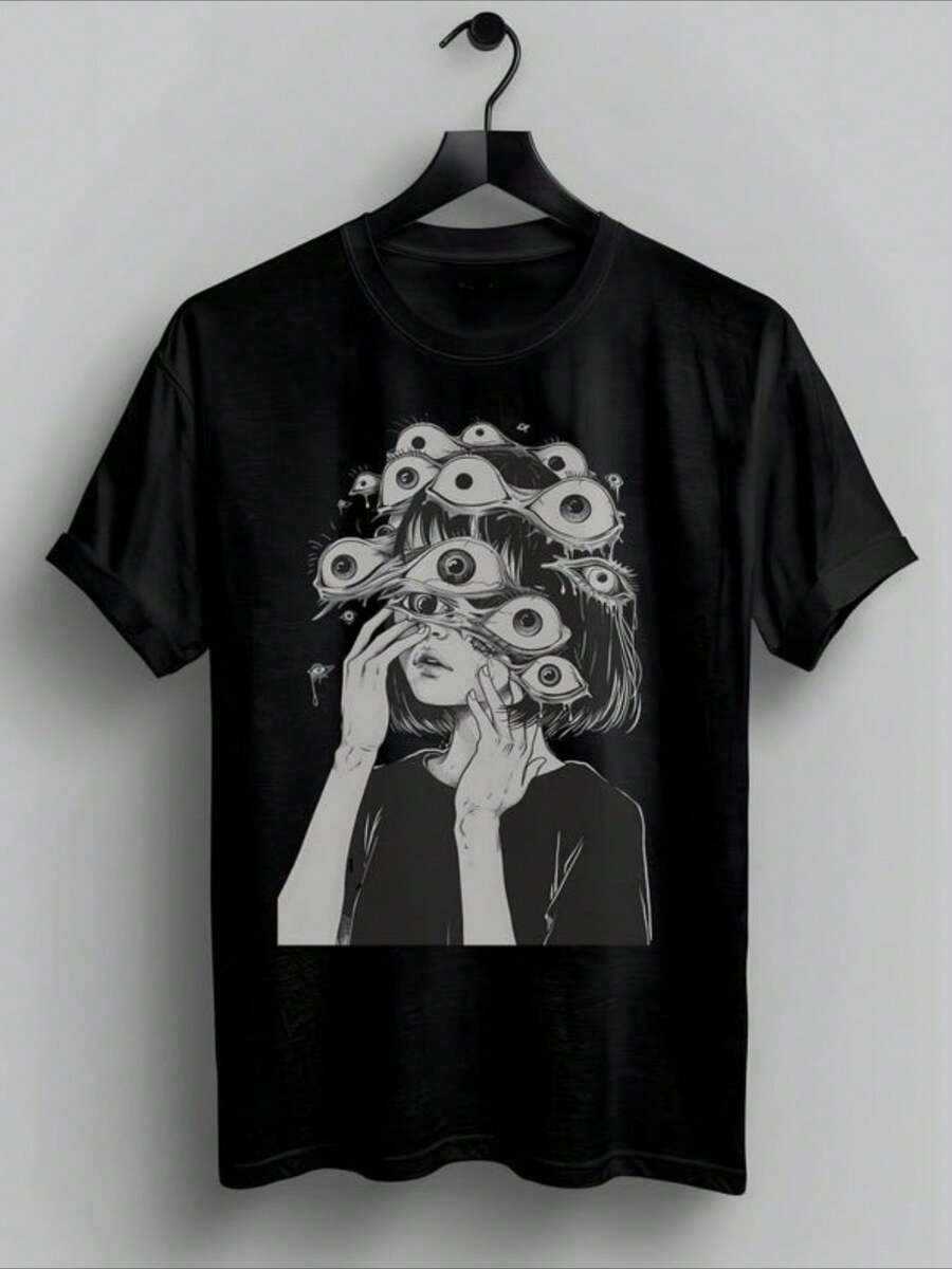 PAYEAH 1 Pcs 100% Cotton Eyeball Goth Girl T-Shirt - Weirdcore Cloth - Alternative Grunge Style - Edgy Women's Gothic Clothing 220g Heavy Cotton T Shirt - 黑色 - 查看 1