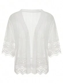 Women's Lace Patchwork Open Front Cardigan Lightweight Sheer Half Sleeve Bolero Shrug Jacket Summer Kimono Cover Up - White - View 5
