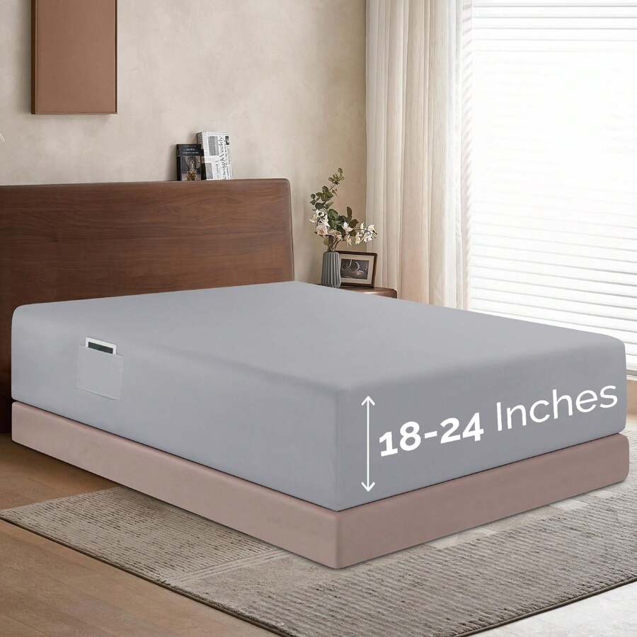 Elegant Comfort Luxury 1pc Extra Deep 18-24 Inch Deep Pocket Fitted Sheet - All Around Elastic Bedding Mattress Covers With Deep Pocket Up To 24 Inch And Double Sided Storage Pockets, Ultra Soft Machine Washable Luxury 1-Piece Bed Fitted Sheet - Fade And Wrinkle Resistant Premium Hotel Quality Twin/Full/Queen/King/Cal King Fitted Sheet, Christmas Decorations Gifts, Cozy Winter Styles, Bright Shades - 銀色 - 查看 1