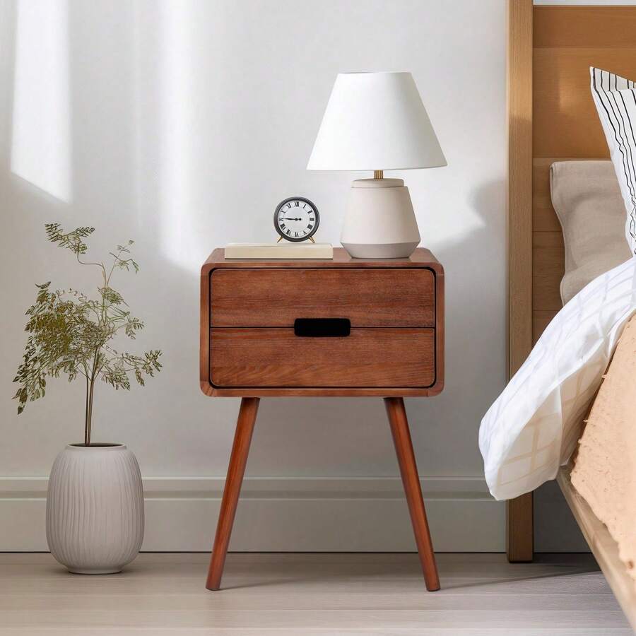 Karlhome Wood Nightstand End Side Table With Drawer & Solid Wood Legs For Living Room - dark brown - View 1