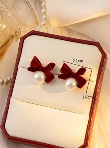 1pair Niche Velvet Bow Faux Pearl Earrings, Luxurious Accessory For Autumn/Winter Valentines,Mom,Mother,Mother's Day,Gift - Red - View 2