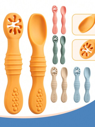 2pcs Baby Silicone Feeding Spoon Set, Easy To Grip, Suitable For Daily Use