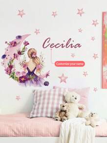 1 Piece 11.81 * 47.2 Inch Custom Text Wall Stickers, Moon Girl, Flowers, Butterflies, Stars, Cloud Cartoon Wall Stickers, Self-Adhesive Paintings For Bedroom, Living Room, Study, Classroom Decoration, PVC Removable, Valentine's Day, Valentine's Day Decor Adhesive Stylish,Adorable,Colorful Custom,Personalized,Unique Ideal Gifts For Her Friends,Son,Daughter,School Students,Workers,Kids School,Home,Office Birthday Graduation