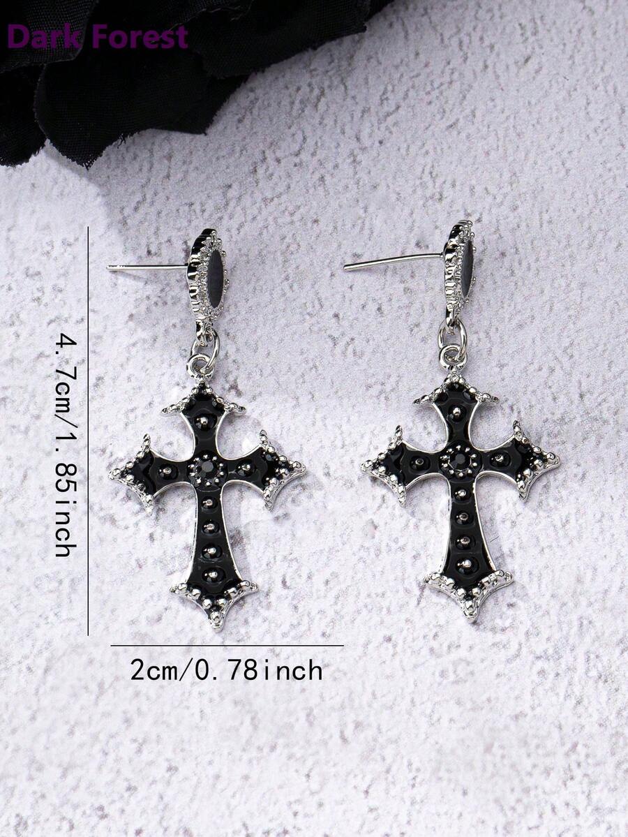 1 Pair Gothic Dark Cool Cross Shaped Drop Earrings, Black Color