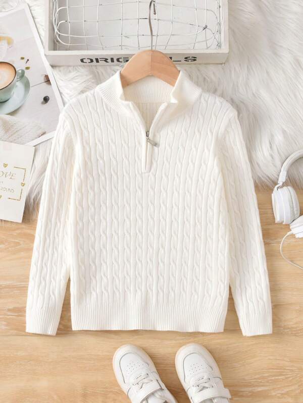 Tween Boy School College Style Cable Knit Half Zip Up Sweater, Suitable For Spring, Autumn And Winter