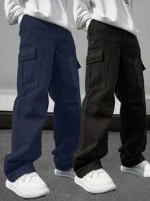 2pcs Tween Boy Casual Sports Outdoor Cargo Pants With Big Pockets, Spring & Autumn