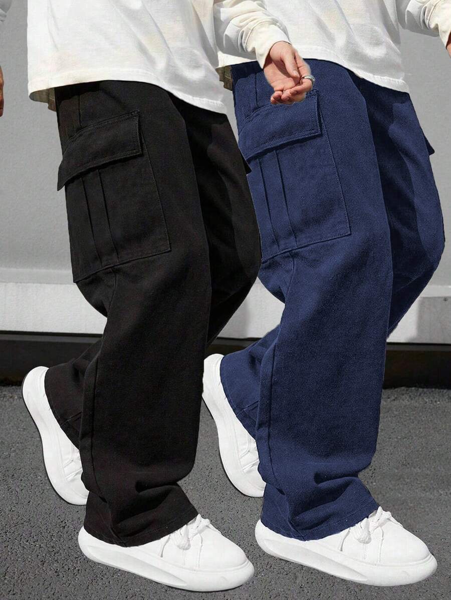 2pcs Tween Boy Casual Sports Outdoor Cargo Pants With Big Pockets, Spring & Autumn