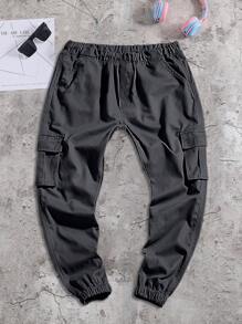 5 件青少年/男童舒适纯色松紧腰休闲工装裤，多口袋，适合所有季节，性价比高 - 黑色 - 查看 4