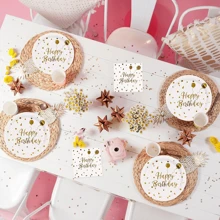 10pcs White And Gold Birthday Party Supplies Disposable Happy Birthday Tableware Set Golden Birthday Paper Plates Napkins Dinnerware For Birthday Party Table Decorations - Multicolor - View 5